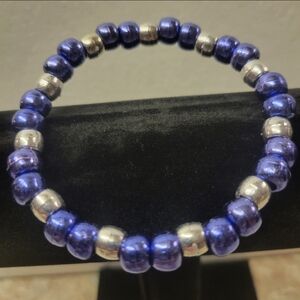 Silver and Blue Plastic Bead Stretch Bracelet